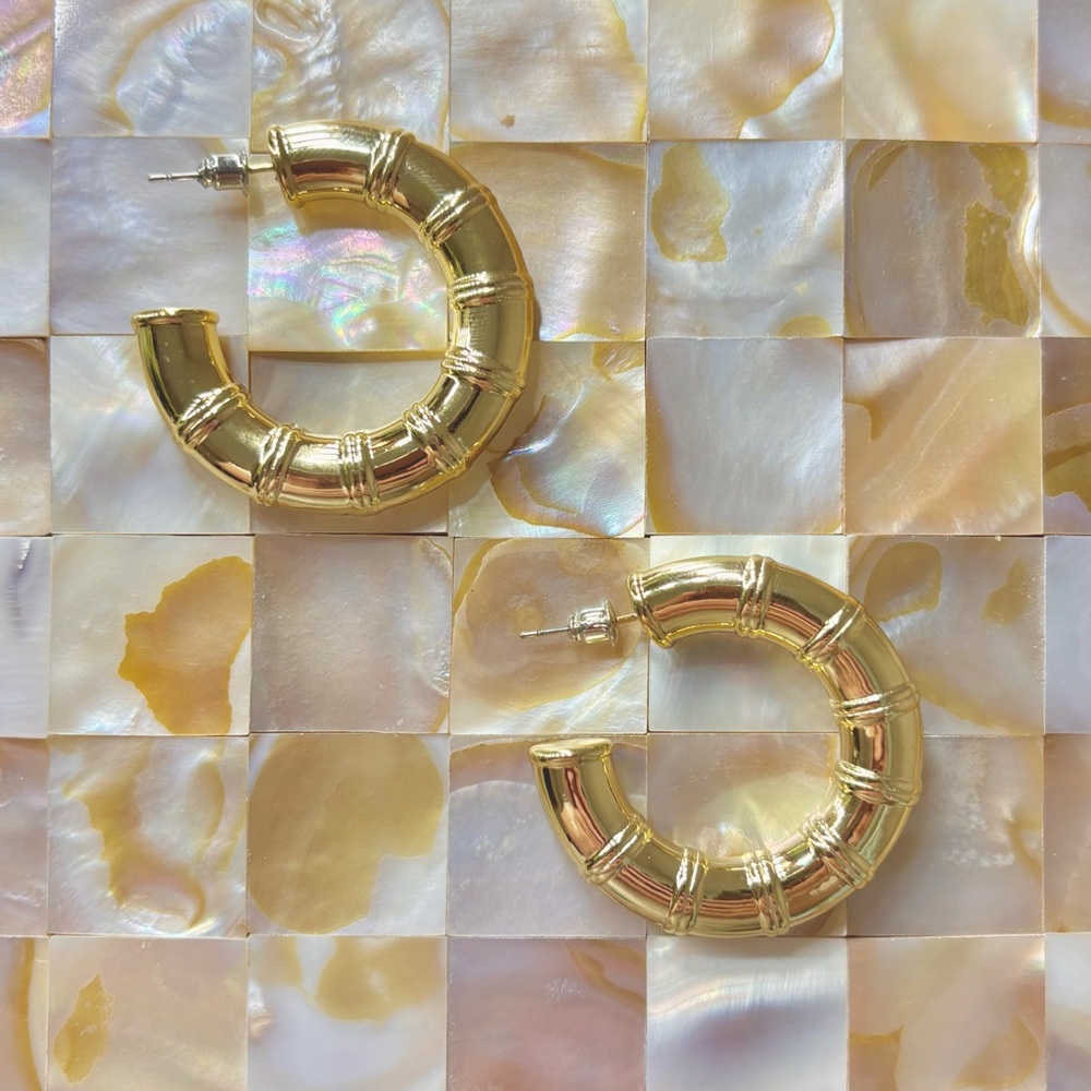 Bamboo Textured Gold Tone Hoops